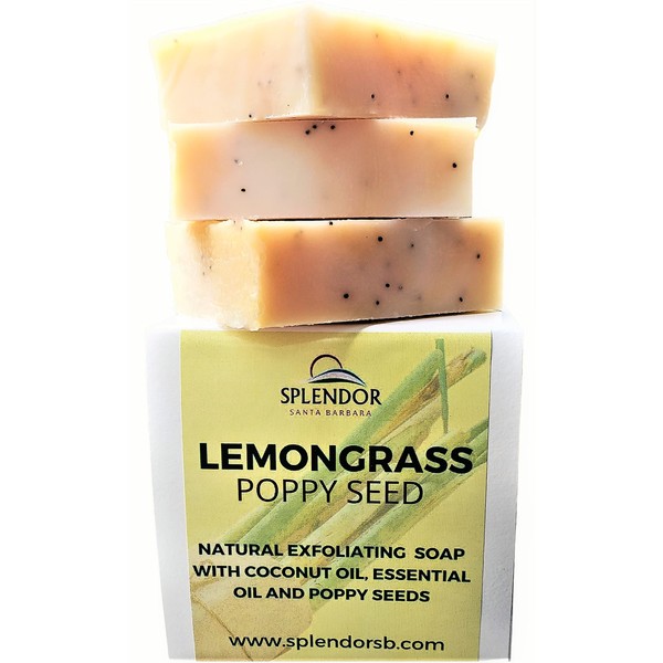 Splendor Lemongrass Poppy Seed Herbal Essential Oil Soap - Natural Exfoliating Coconut Oil Soap Bar Cold-Process, Handmade in USA, Vegan