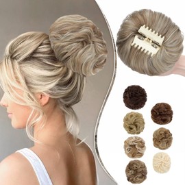 Leterly Messy Bun Hair Piece, Claw Clip Hair Bun Hairpieces Thick Updo Scrunchies Ponytail Hair Extensions Synthetic for Women Light Brown mix Bleach Blonde