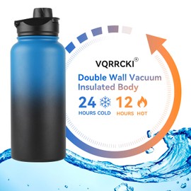 VQRRCKI 32 Oz Insulated Water Bottle with Straw Lid & Wide Mouth Lids, Stainless Steel Sports Water Bottles, Double Walled Vacuum, Leak Proof, Blue Black Gradient