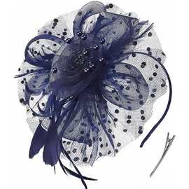 KalluliCC Fascinators Hat for Women Tea Party Navy Blue,Tea Party Hats with Mesh Ribbons Feathers for Women，Mesh Wedding Headbands for Women and Girls