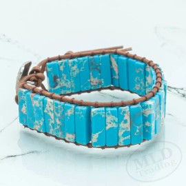 MLD Trading Turquoise Beaded Bracelet w/ Vintage Clasp, Adjustable Leather Strap – Boho Chic