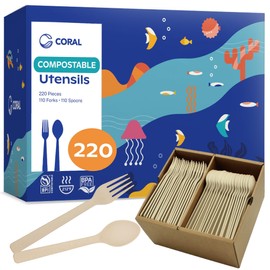 CORAL Light Brown 100% Compostable Spoons & Forks Set - 220 Pieces - No Plastic Utensil 110 Forks, 110 Soup Spoons - Break Resistant with Smooth Edges, Ocean Friendly Alternative to Plastic Silverware