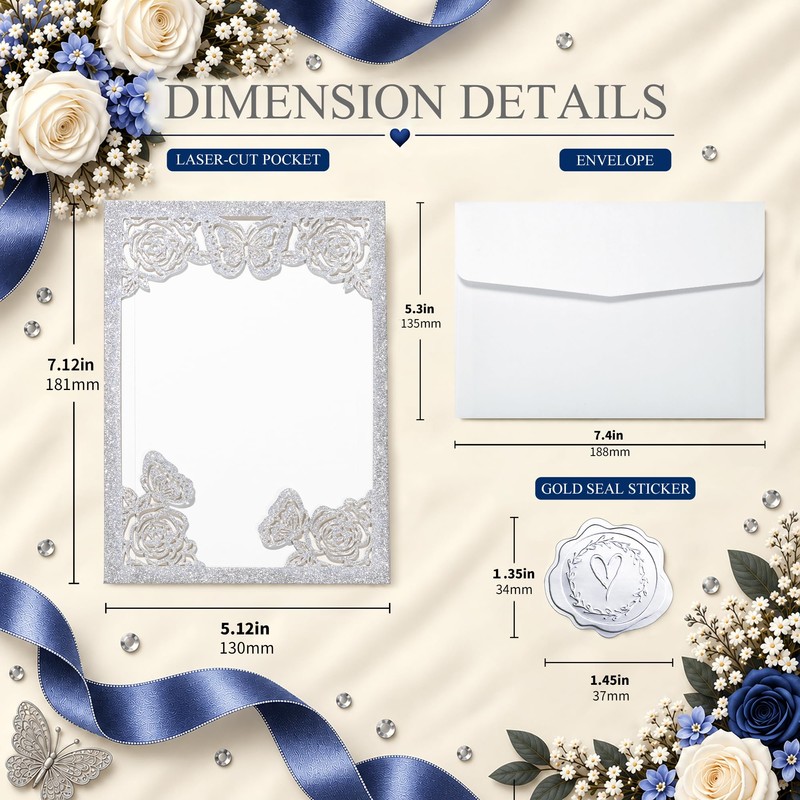 DORIS HOME 50Pcs Glitter Silver Butterfly Quinceanera Invitations, 5" x
