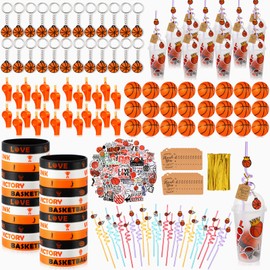 268 Pcs Basketball Football Soccer Birthday Gifts for 24 People Party Favors Sets Goody Cups with Straws Key Chains Whistles Silicone Wristbands Stickers Thank You Tags for Party Supplies (Basketball)