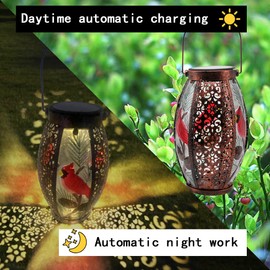 TEYIGARDEN 2PCS Outdoor Solar Lantern, Outdoor Solar Light Stained Glass & Metal Hanging Lantern Waterproof Tabletop Solar Lantern Lamp with Hollowed-Out Design for for Patio Table Garden(Cardinal)