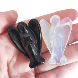 Lovionus89 Mini Crystal Angel, 2 Pieces Bag Carved Gemstone Guardian Figures Healing Statue Home Decor 1.5 Inches, Black Obsidian + Opalite