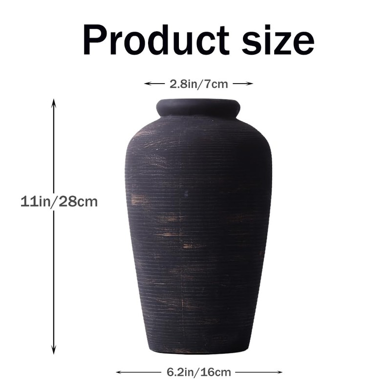 Large Ceramic Rustic Vase, 11" Black Terracotta Farmhouse Flower Vase,