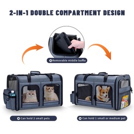 Groxkox Cat Carrier for 2 Cats, Foldable Double Cat and Dog Carrier, Small to Medium Size, 2 Front Zippered Compartments,Two Pets Carrier for Outdoor Travel,Mulitple Cat Carrier, Grey