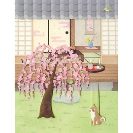 Sanrio JSC 13-4 691097 Message Card, Spring, Weeping Cherry Blossoms and Shiba Inu in a Garden, Greeting Card