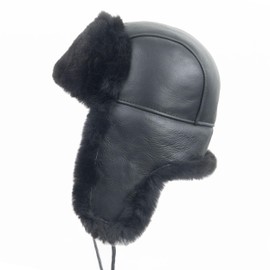Zessano Leather Aviator Russian Ushanka Trapper Winter Fur Hat - Unisex Shearling 100% Leather Sheepskin Hats for Men Women, Black-black