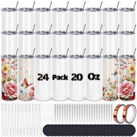 Maucircol 24 Pack Sublimation Tumblers Bulk, 20 oz Sublimation Tumbler Blank, Stainless Steel Sublimation Cups with Lid and Straw, Shrink Wrap, Sublimation Paper, Individually Boxed