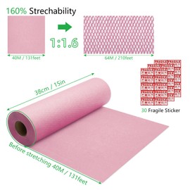 Honeycomb Packing Paper PINENUTS 15" x 131ft Eco Friendly Packing Paper for Moving Recyclable Honeycomb Paper Bubble Paper Wrapping with 30 Fragile Sticker Labels and 66fthemp rope (Pink)