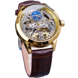 FORSINING Men's Skeleton Moon Phase Watch Mechanical Self-Wind Tourbillon Dual Time Zone Watches Automatic Luxury Leather Strap Large Dial Wristwatch, Gold