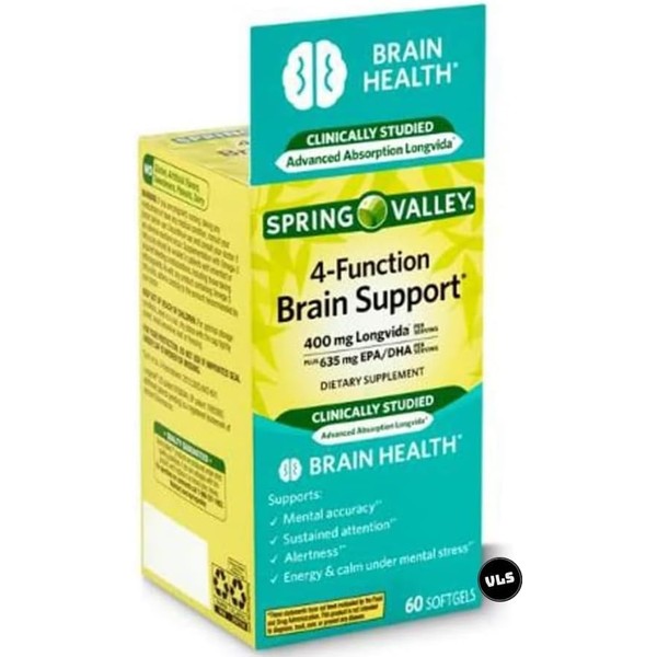 Spring Valley 4-Function Brain Support, 60 Count + EDVLS Sticker.