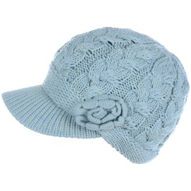 Boina de invierno elegante con visera para mujer, forro polar de felpa cálido, Flor azul pastel-2, Talla única