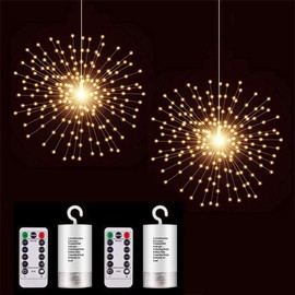 PXBNIUYA 2 Pack Starburst Sphere Lights,200 LLED Firework Light, 8 Modes Dimmable Remote Control Waterproof Hanging Fairy Light, Copper Wire Lights for Patio Parties Christmas (Battery Operated)