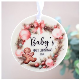 Baby's 1st Christmas 2024 Xmas Tree Decoration. Cute Gingerbread Wreath, Blush Pink. White Ceramic Disc Ornament. Christmas Bauble. Son Daughter Neutral