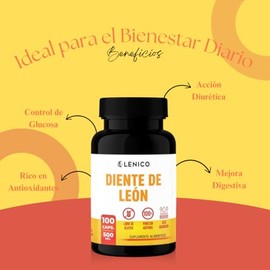 Diente de León 500 mg | Suplemento Alimenticio en Cápsulas | 100 Cápsulas | Alta Absorción | Sin Gluten y Sin Aditivos | Marca Lenico