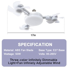amgolibi Socket Fan Light with Remote, Screw in Ceiling Fan, Light Bulb Fan with Dimmable LED, 3-Speed, Easy Install, Light Bulb for Bedroom, Kitchen, Working Space