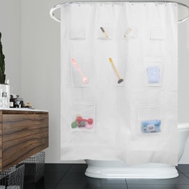 Primero Basics Water Repellant Shower Curtain or Liner with 9 Mesh Pockets - PEVA Bathroom Shower Curtain Liner for RV, Camper, Bathtubs, 72x72 Inch,Rust-Resistant Grommets,White