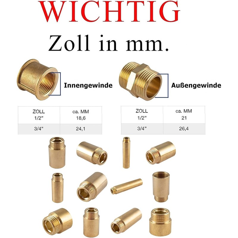 Extension Fitting, 1/2 Inch, 30 mm, Brass, Threaded Fitting, Suitable