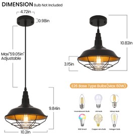 LWWHQ Farmhouse Pendant Lights Kitchen Island, 10.2" Black Kitchen Pendant Lighting Over Island, Industrial Vintage Hanging Light Fixtures Rustic Metal Wire Cage Pendant Light, 1 Pack