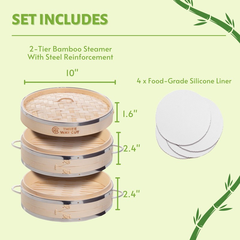 Dumpling Bamboo Steamer 10 Inch 2 Tier Wooden Basket With