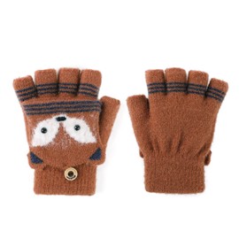 IPENNYE Children's Gloves, Girls, Warm, Autumn, Winter, Cold Protection, Children's Gloves, Animal Pattern, Fox, Cute, Knit Gloves, Junior, Fleece-lined, Five-fingers, Half Finger Cover, Hooded, 2-Way