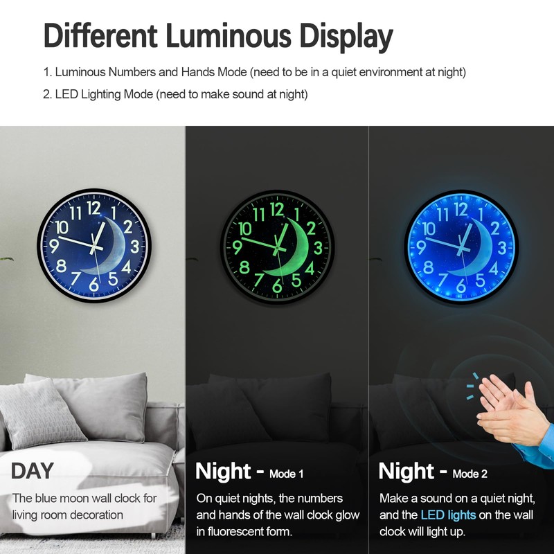 JoFomp LED Light Up Wall Clocks Glow in Dark, 12