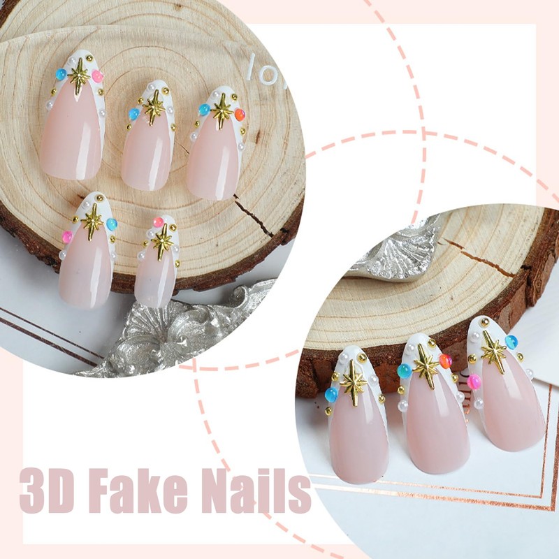 Fake Nails, 24pcs Flash Drill Pearl False Nails with Glue,3D