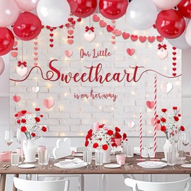 MEHOFOND Valentine's Day Baby Shower Backdrop for Girls A Little Sweetheart is On Her Way Baby Shower Decorations for Girls Brick Wall Pink Red Heart Photography Background Photo Shoot Props 7x5ft