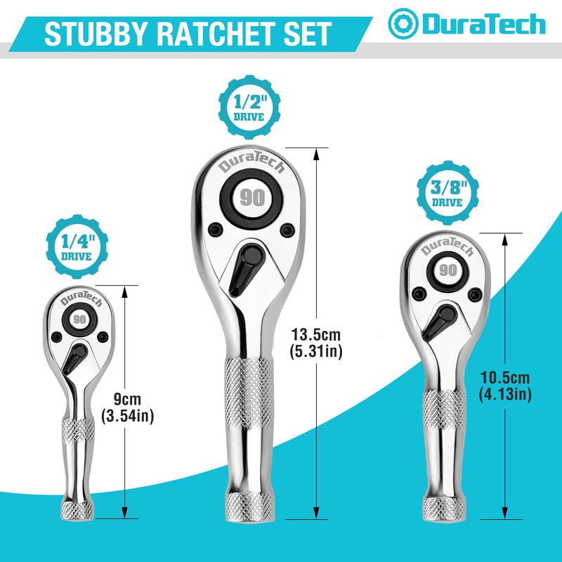 DURATECH 3PCS Stubby Ratchet Wrench Set, 90-Tooth 1/4" 3/8" 1/2"