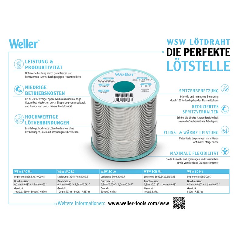 Weller WSW SC L0 (T0051387799) Lead-Free Solder Wire, Diameter 1.2