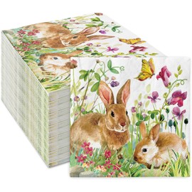 AnyDesign 50 Pack Easter Paper Napkin Watercolor Floral Rabbit Disposable Luncheon Napkins Spring Dessert Dinner Hand Napkin for Birthday Baby Shower, 6.5 x 6.5 Inch