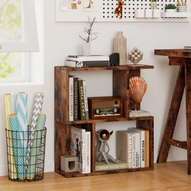 Giantex 3-Tier S-Shaped Bookshelf, Modern Geometric Bookcase, Freestanding Display Shelf for Small Space, Versatile Side Table, Wooden Storage Organizer for Home Office, Living Room (1,Rustic Brown)