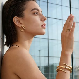 MISS RIGHT Gift Set for Women, 3 Piece Sets Jewelry for Women - 18K Gold Plated Gold Irregular Waves Earrings, Irregular Lines Rings & Cuff Bracelets, Modern Design Elegant Jewelry Gifts for Women