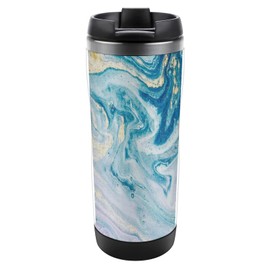Blue Turquoise Paint Abstract Marine Art Luxury Marble Agate Ripples Stainless Steel Water Bottle, Double Walled with Handle Cup Bottle 13 Oz, Leak-Proof Hot Cold Insulated Travel Mug