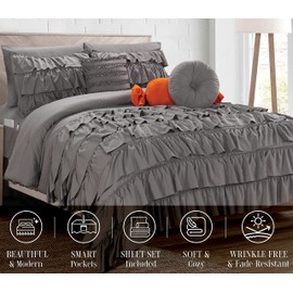 Elegant Comfort 10-Piece Bed-in-a-Bag, Multi-Ruffle Comforter Set, Includes Bed Sheet with Double Sided Storage Pockets & Decorative Pillows, Multi-Ruffle Comforter, Twin XL, Gray