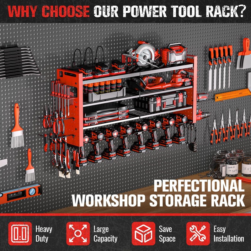 Heavy Duty Power Tool Organizer Wall Mount with Charging Station,