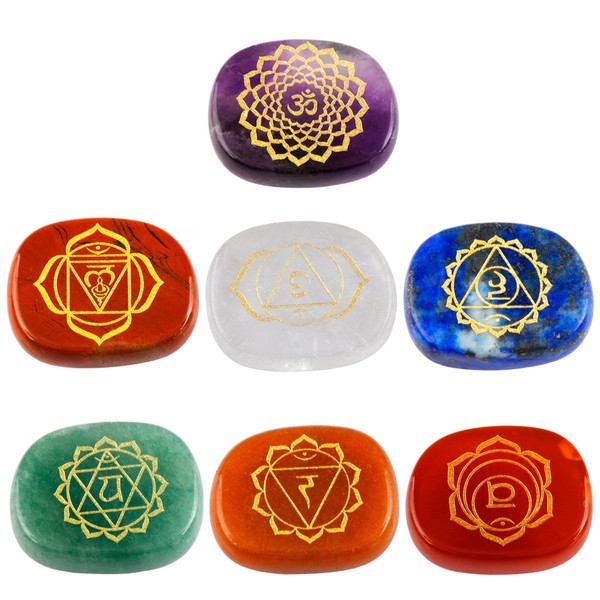 SUNYIK 7 Color Oval Gemstone with Engraved Chakra Symbols Palm Stone Worry Stones Set of 7