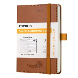 POPRUN 2026 Daily Planner (A6 Size-4.25" x 6.25"), One Page Per Day - 12 Months Pocket Agenda 2026 Hourly Appointment Book with Storage Pocket, PU Leather Softcover - Brown