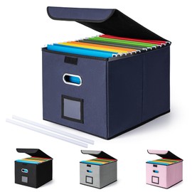 CADONO File Organizer Box with Lid, Large Hanging File Folder Organizer with Plastic Slide, Collapsible Portable Filing Storage Boxes for Office/Decor/Home (Navy Blue, 14.9 x 12.59 x 10.8 inch)