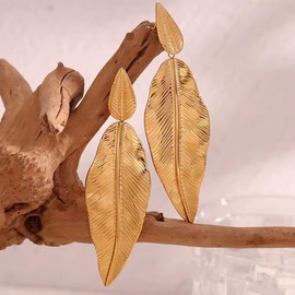 18K Yellow Gold Plated Stainless Steel Leaf Drop Bohemian Earrings Nickel Free Hypoallergenic Waterproof