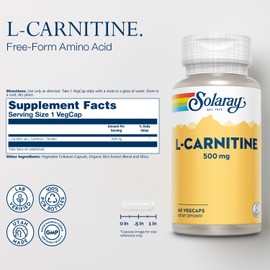 SOLARAY L-Carnitine 500 mg, Free Form Amino Acid, Lab Verified, GMP Facility, 60-Day Money-Back Guarantee, 60 Servings, 60 VegCaps