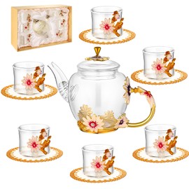7 Pcs Floral Tea Pot Sets for Women, Vintage Flower Tea Set with Gift Box and Coasters for Kitchen Family Gathering Home, Fancy Glass Tea Kettle Set for Women Mom