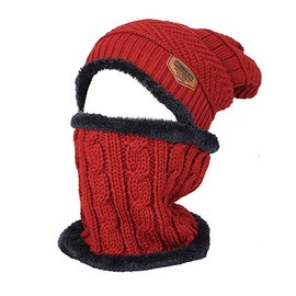 WITHMOONS Fleece Winter Knit Beanie Hat Slouchy Cap Neck Warmer GZX0020 (Red)