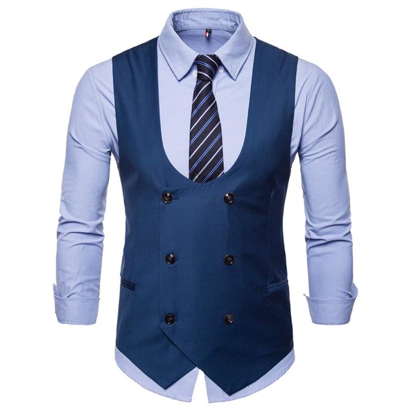 Chaleco de vestir ajustado para hombre, formal, de alta calidad, con botones, chaleco para hombre, Azul / Patchwork, X-Large