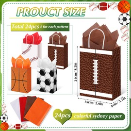 Aoriher 24 Pcs Sports Party Favors Bags with Tissue Paper, Sport Goodie Bags Soccer Treats Gift Wraps Candy Holder for Baseball Basketball Birthday Party Supplies