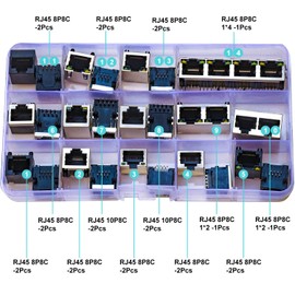 Kidisoii RJ45 Ethernet Connector Assorted Kit RJ45 8P8C 10P8C Female RJ45 Socket 8P8C Shielded LED Modular Network PCB Jacks Sockets Electronics DIY Assortment Kit