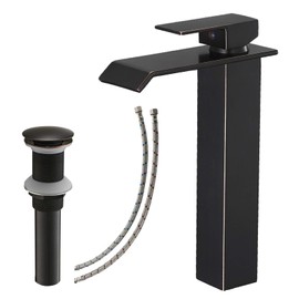 BATHLAVISH Oil Rubbed Bronze Vessel Sink Faucet, Black Tall Bathroom Faucet Waterfall, Single Hole Single Handle Modern Vanity Lavatory with Pop Up Drain Without Overflow